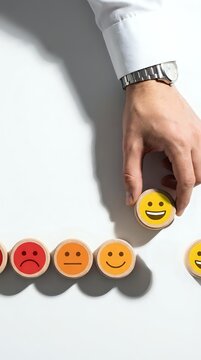 Male hand in white shirt selecting yellow smiley face emoji button