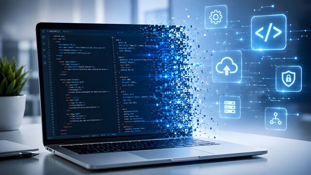 Laptop displaying coding script with glowing digital icons for cloud computing software development and cybersecurity technology.