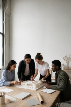 Design Team Working Quietly on Physical Model for Product Development Creative Collaboration and Prototype Refinement