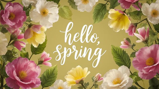 Poster card spring text lettering Hello Spring on romantic bloom blossom tree flowers AI Generative