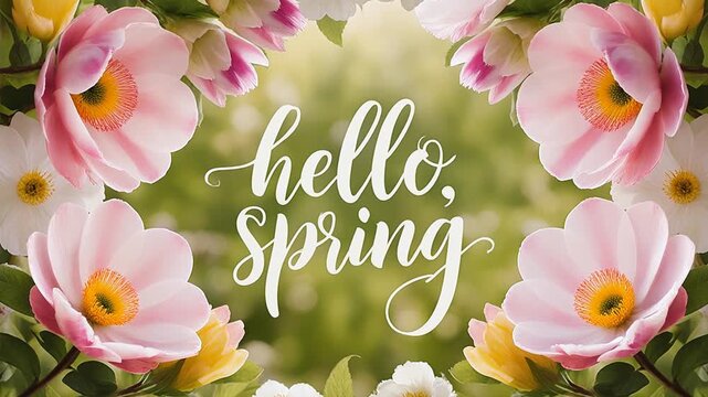 Poster card spring text lettering Hello Spring on romantic bloom blossom tree flowers AI Generative