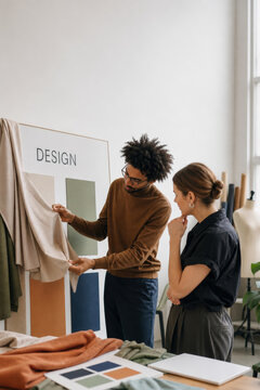 Fashion Designers Reviewing Fabric Collection Samples for Textile Selection Apparel Development and Creative Planning