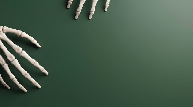 Two human skeleton hands reaching from the edges of a dark green background for a spooky halloween concept