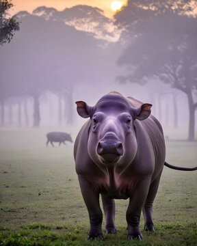 A purple babirusa  pig hybrid fictional species, digitally created animal, in a fog drenched altar grove