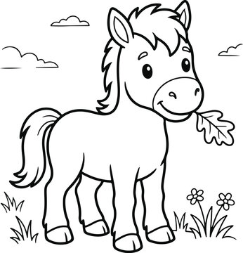 Cute cartoon horse eating a leaf in a meadow with flowers