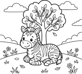Naklejka premium Cute cartoon zebra sitting under a tree in a meadow, simple line art coloring page for kids