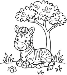 Naklejka premium Cute cartoon zebra resting under a tree, simple line art coloring page for kids