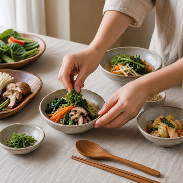 Hands preparing a mindful Korean temple inspired vegetable meal