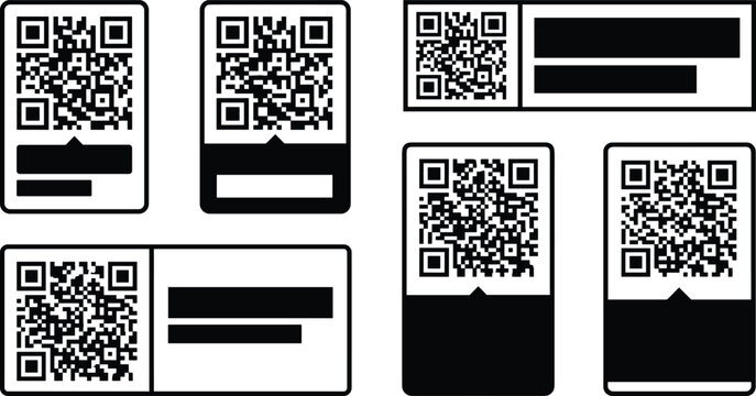 Minimalist black and white QR code product label templates with abstract text placeholders for commercial tracking asset management