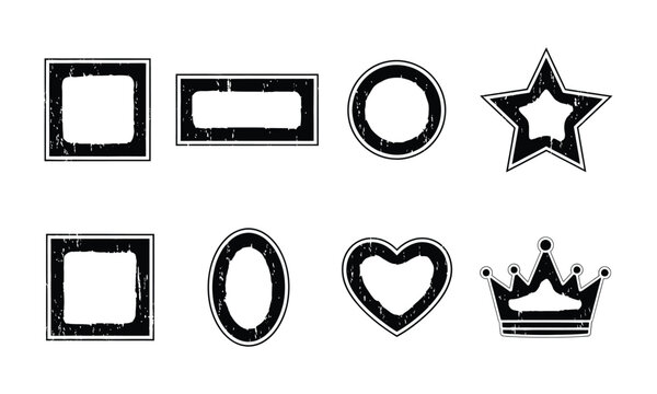 Distressed black vector shapes featuring varied geometric borders and a regal crown graphic design element collection
