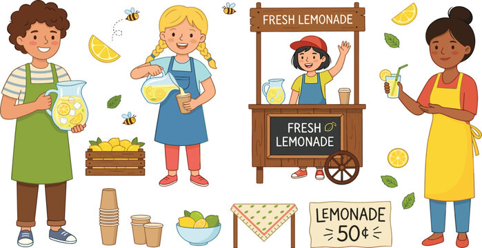 Fresh lemonade stand with children selling homemade citrus drinks in colorful summer market vector illustration