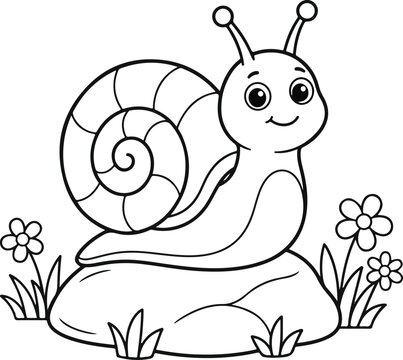 Cute cartoon snail sitting on a rock with flowers, coloring page for kids