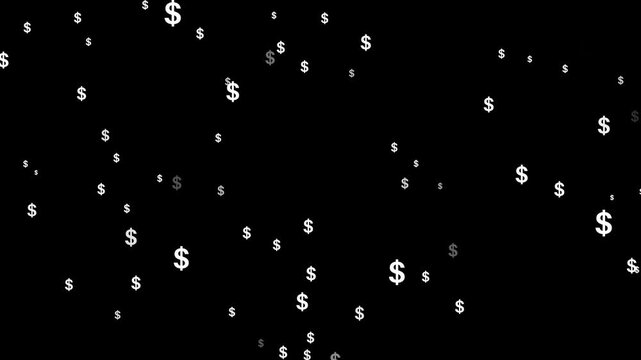 Floating white dollar signs scattered across a dark black background, USA Dollar signs symbol Falling down animation, golden dollar signs raining down black background