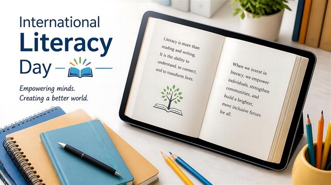International Literacy Day Digital Learning Concept with Tablet Ebook Tree Growing from Book