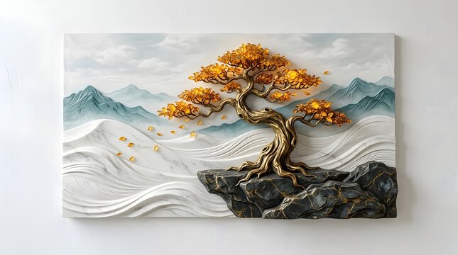 Three-Dimensional Relief Wall Art Featuring A Golden Bonsai Tree On A Rocky Cliffside Against A Painted Mountain Landscape Background