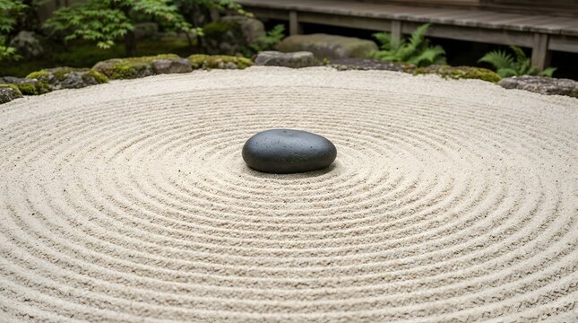 A minimalist resolution captures a single black stone in a raked sand zen garden