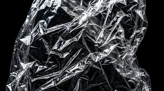 Hyper realistic close up of crumpled transparent plastic on black background