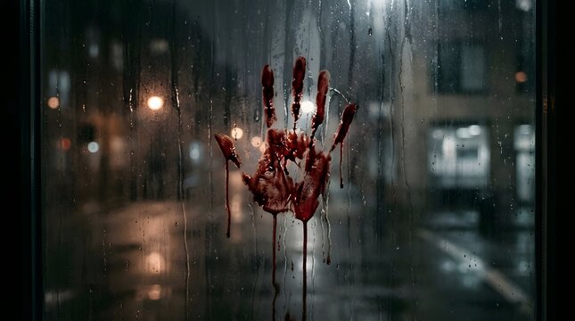 Handprint on a rain-streaked window at night, urban street background