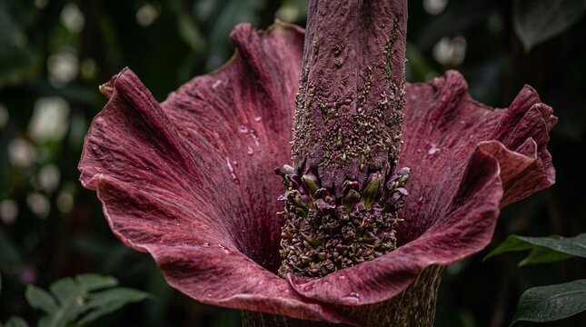 Close-up of the striking deep red and purple petals of a rare Amorphophallus titanum flower in bloom