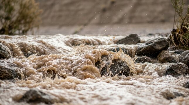 Close up view of muddy water flowing over rocks in a riverbed global warming climate change