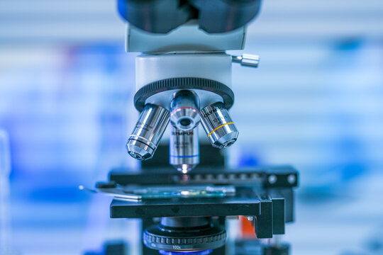 Bright blue chemical solution in conical laboratory flasks arranged in a modern medical research laboratory, in a calm and highly controlled science environment.