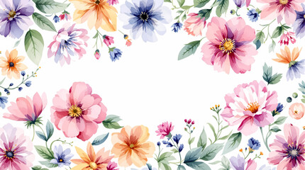 Obraz premium Watercolor Wildflower Botanical Frame Banner With Pink Yellow Purple Petals