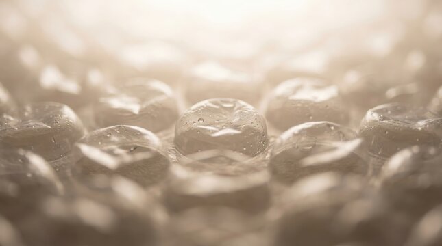 Close-up view of clear plastic bubble wrap with tiny water droplets on its surface, creating an abstract and textured background.