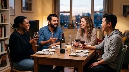 Fototapeta premium Diverse friends laughing and enjoying wine during home dinner party