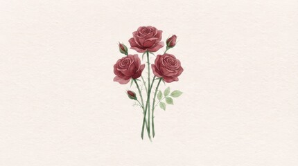 Fototapeta premium Fresh Watercolor Rose Illustration: Low Saturation Blooms and Dark Green Stems on Orange Red Paper, Minimal Healing Art