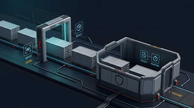 Supply chain, security and digital logistics with cargo containers at terminal for industry and scanning. Automated process, futuristic technology and infrastructure for global trade and shipping