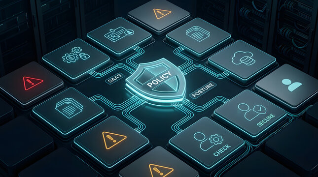 Cybersecurity, policy and cloud management for data protection, network defense and server infrastructure. SaaS security posture with icons for privacy, firewall and encryption at night for safety