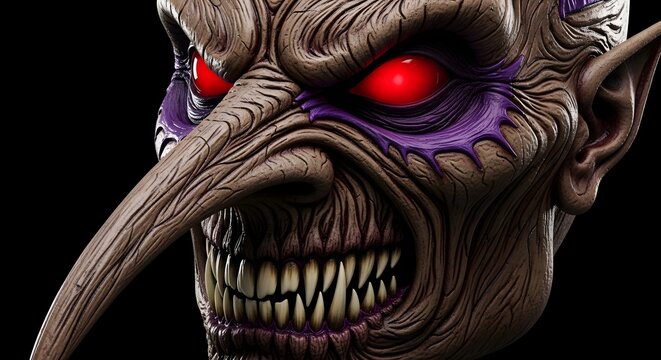 Close up portrait of a terrifying demonic creature with glowing red eyes and sharp teeth