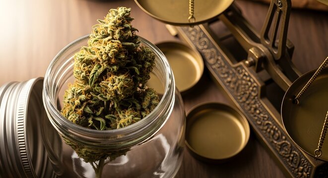 Medical marijuana buds inside a glass jar next to an antique metal weighing scale