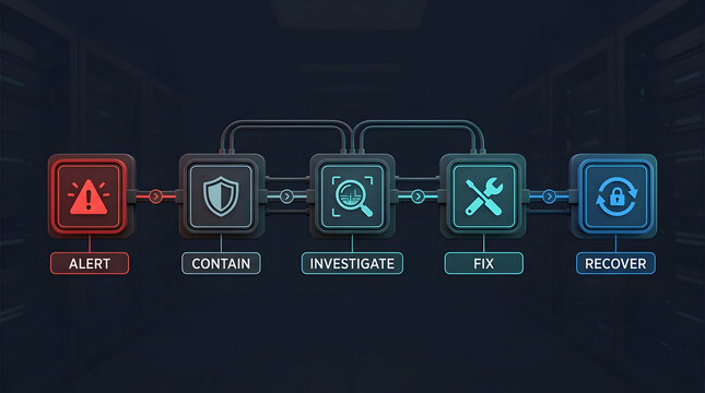 Cybersecurity incident response, data protection and network security management with process flow for it department. Digital safety, information privacy and server maintenance with cyber attack