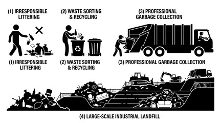 Fototapeta premium Waste management stages from recycling to industrial landfill.