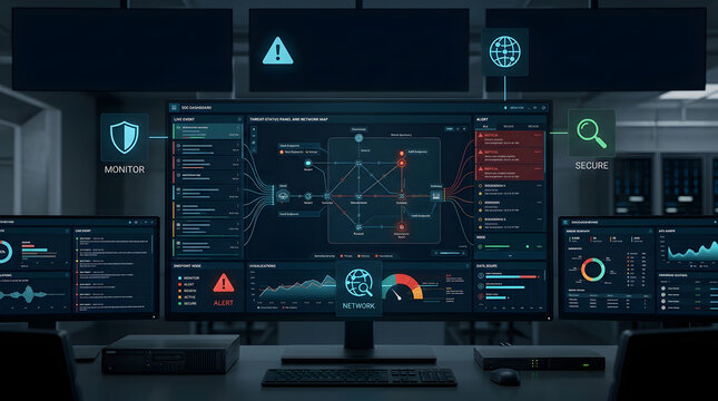 Cybersecurity dashboard, network monitor and security operations center for data protection, threat analysis and information technology. Software, system and digital screen with web firewall and serv