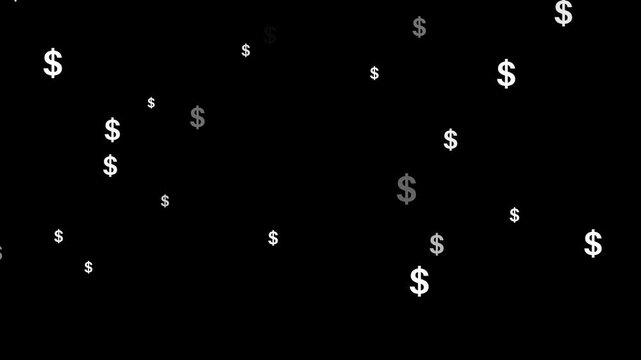 Floating white dollar signs scattered across a dark black background, USA Dollar signs symbol Falling down animation, golden dollar signs raining down black background