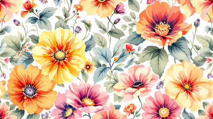 Obraz premium Fresh Spring Watercolor Botanical Pattern With Blue And Purple Flowers