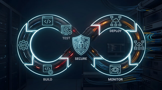 DevSecOps, software and cybersecurity with server room for data protection, cloud computing and IT infrastructure. Continuous integration, deployment and monitoring with secure coding logic tech
