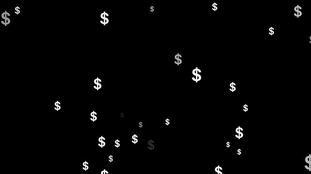 Floating white dollar signs scattered across a dark black background, USA Dollar signs symbol Falling down animation, golden dollar signs raining down black background