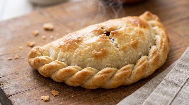 Traditional Golden Baked Cornish Pasty with Flaky Crust and Rising Steam on a Rustic Wooden Board