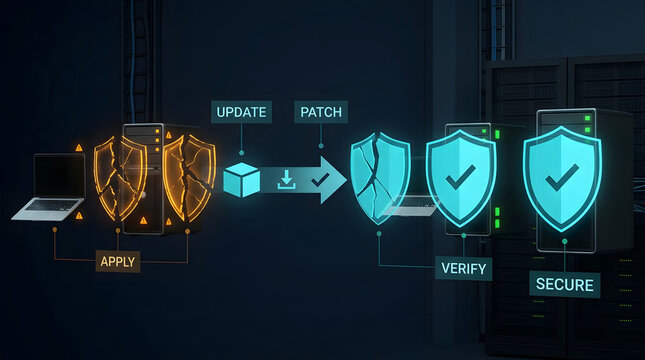 Cybersecurity server update and data protection for network safety, software patch and system maintenance. Cloud computing, database firewall and information privacy with digital encryption pro.