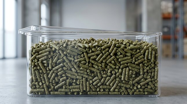 A clear plastic container filled with organic alfalfa pellet feed placed on a concrete floor inside a modern industrial warehouse storage facility