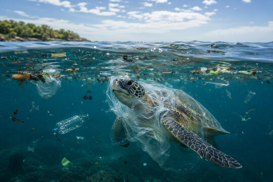 Sea Turtle Surrounded by Plastic Pollution in the Ocean