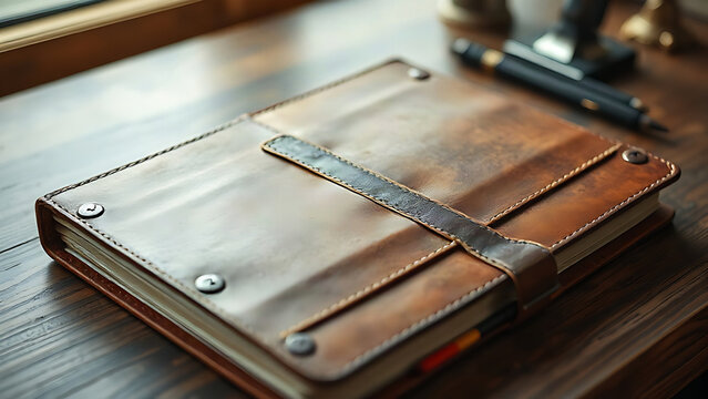 A worn leather notebook with colorful markers lies on a desk in natural light.