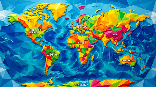 Low poly map with bright colored continents on blue ocean background