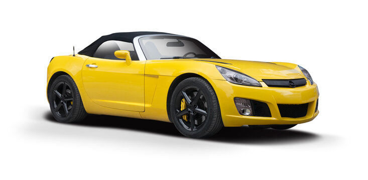 Bright yellow modern convertible sports car Opel Speedster side front view isolated on transparent background, German roadster coupe