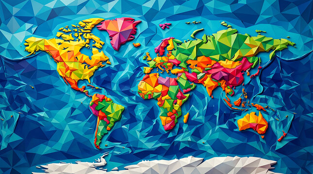 Low poly geometric map with bright continents