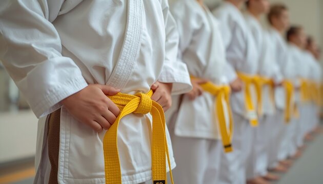 Row Of Martial Arts Students Wearing White Uniforms With Yellow Belts