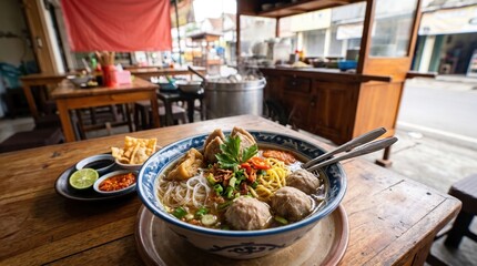Obraz premium Bakso Noodles with Meatballs Soup on Wooden Table Street Food Stall